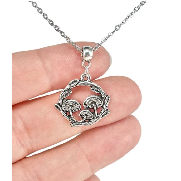 Silver Plated Circle Mushrooms Necklace Fantasy Mushroom - Picture 6 of 9